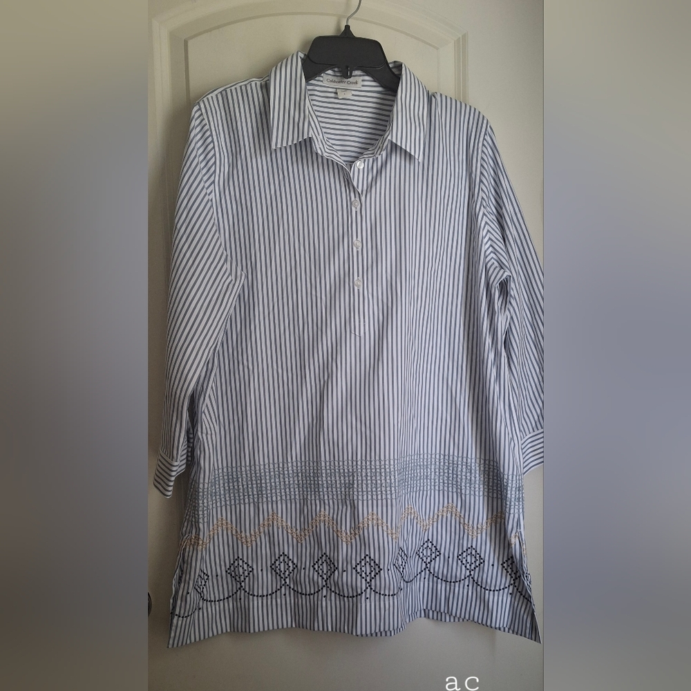 Coldwater Creek STRIPED Cotton‎ Womens Blouse Sz L EMBROIDERED SUMMER CASUAL